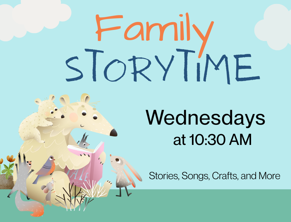 Illustration of a family of animals reading together