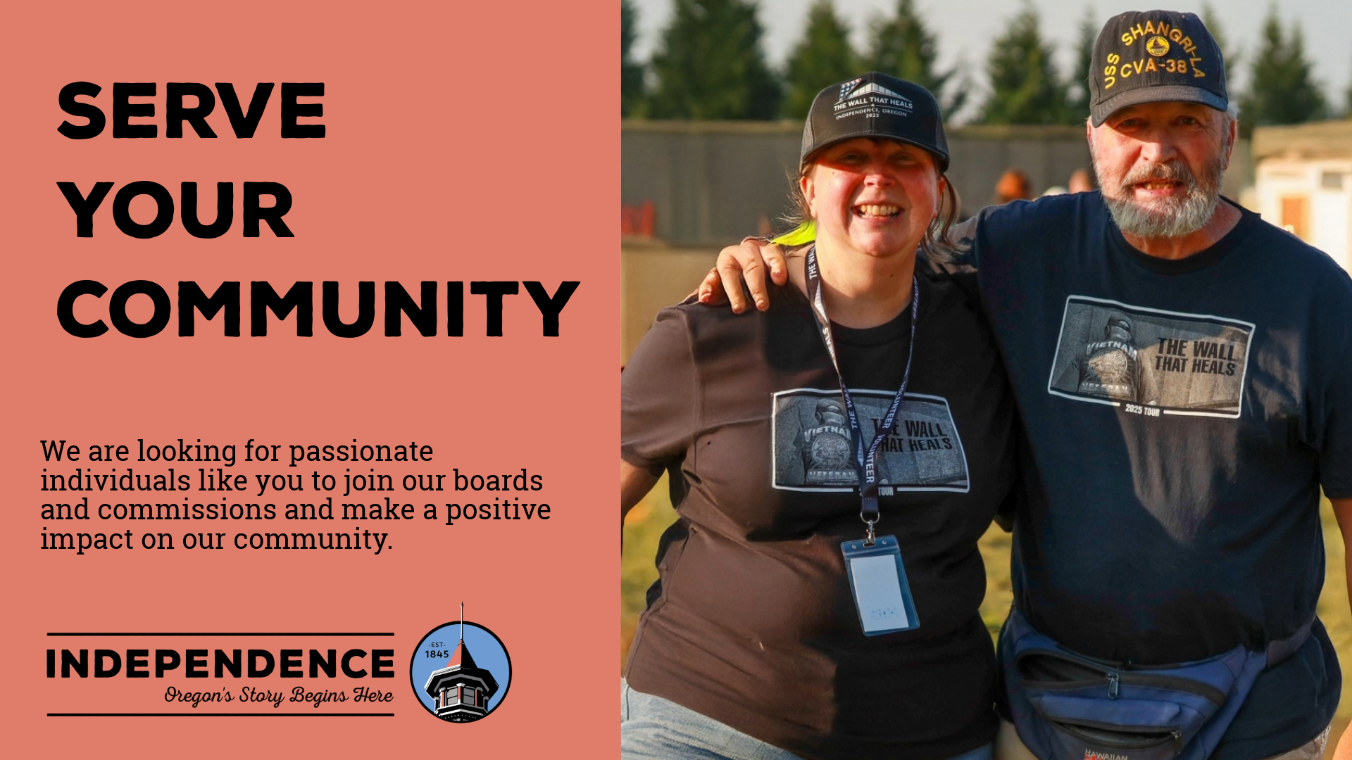 “Serve Your Community” poster invites residents to join boards and commissions; two smiling volunteers pose beside the Independence logo.