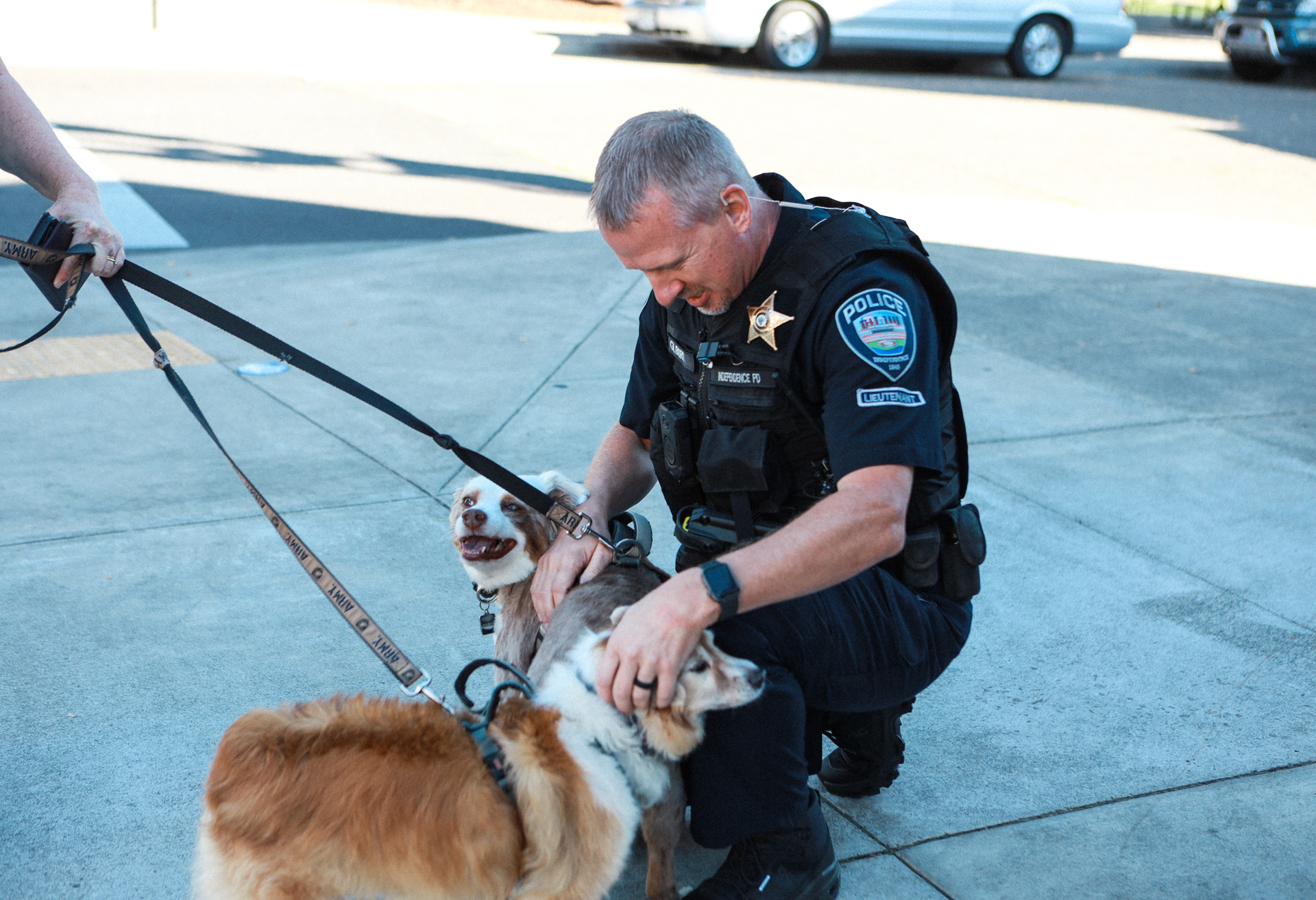 A uniformed police officer kneels on a sidewalk, gently petting two leashed dogs as another person holds their leads; the scene feels warm and reassuring.